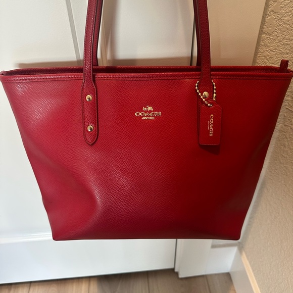 Coach Bags Coach Red Apple Pebbled Leather Zip Top Central Tote